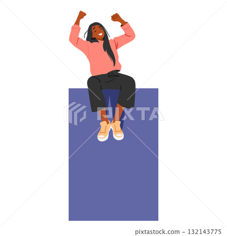 Happy woman cartoon character on giant geometric shape celebrating successful goal achievement Happy woman cartoon character on giant geometric shape celebrating successful goal achievement 132143775
