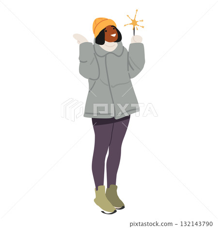 Happy joyful young woman cartoon character with sparkling Bengal light stick celebrating Christmas Happy joyful young woman cartoon character with sparkling Bengal light stick celebrating Christmas 132143790