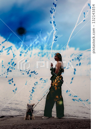Woman walking her small dog by the water with an artistic overlay. A woman strolls along a shoreline with her dog, the scene enhanced by an artistic overlay of blue and gold. Woman walking her small dog by the water with an artistic overlay. A woman strolls along a shoreline with her dog, the scene enhanced by an artistic overlay of blue and gold. 132143854