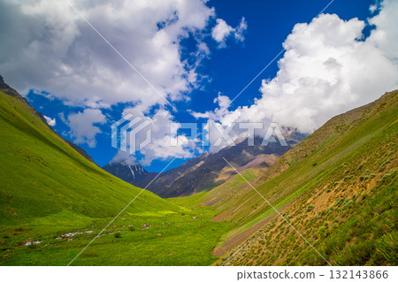 Majestic mountains and serene stream in peaceful valley in Kyrgyzstan 132143866