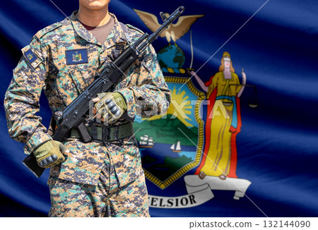 New York US state flag with soldier holding assault rifle 132144090