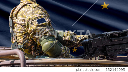 Alaska US state flag with soldier at machinegun turret Alaska US state flag with soldier at machinegun turret 132144095