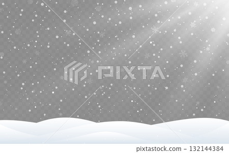 Snow background. Falling snowflakes shimmer in sun rays. Christmas snowfall texture. Winter landscape with snowdrifts. Sparkling snow effect for greeting card or invitation. Vector illustration Snow background. Falling snowflakes shimmer in sun rays. Christmas snowfall texture. Winter landscape with snowdrifts. Sparkling snow effect for greeting card or invitation. Vector illustration 132144384