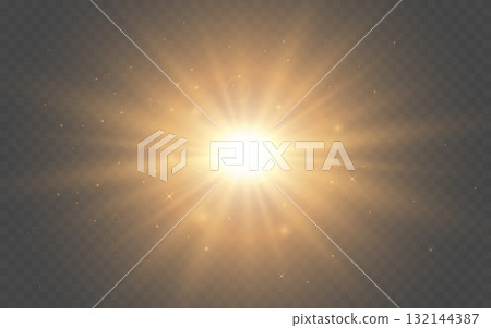 Glowing light gold. Bright glow with stardust effect. Christmas design element. Shiny explosion with golden stardust. Festive shine with soft rays. Fantasy burst template. Vector illustration Glowing light gold. Bright glow with stardust effect. Christmas design element. Shiny explosion with golden stardust. Festive shine with soft rays. Fantasy burst template. Vector illustration 132144387