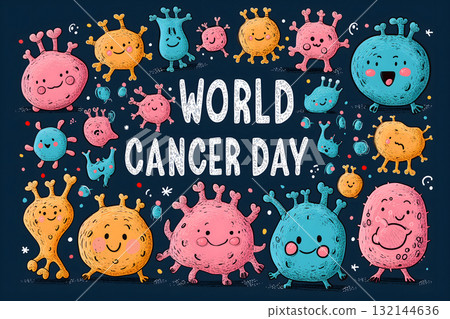 Simple cartoon world cancer day background with the inscription on it, surrounded with colorful happy tumors Simple cartoon world cancer day background with the inscription on it, surrounded with colorful happy tumors 132144636