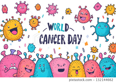 Simple cartoon world cancer day background with the inscription on it, surrounded with colorful happy tumors 132144662