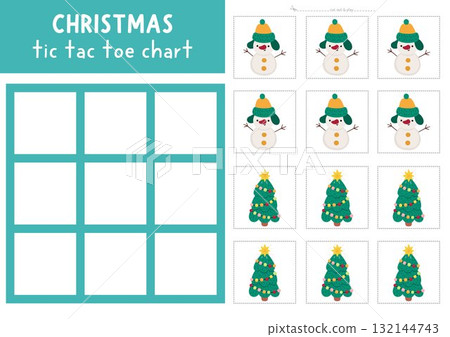 Vector Christmas tic tac toe chart with fir tree and snowman. New Year board game playing field with cute characters. Funny printable worksheet. Winter holiday noughts and crosses grid Vector Christmas tic tac toe chart with fir tree and snowman. New Year board game playing field with cute characters. Funny printable worksheet. Winter holiday noughts and crosses grid 132144743