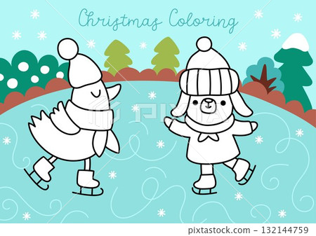 Christmas coloring page for children with cute bird and dog skating on rink. Vector New Year outline illustration on colored background. Winter holiday color book, printable worksheet for kids Christmas coloring page for children with cute bird and dog skating on rink. Vector New Year outline illustration on colored background. Winter holiday color book, printable worksheet for kids 132144759