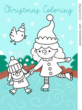 Christmas coloring page for children with cute elf and dog skating on rink. Vector New Year outline illustration on colored background. Winter holiday color book, printable worksheet for kids Christmas coloring page for children with cute elf and dog skating on rink. Vector New Year outline illustration on colored background. Winter holiday color book, printable worksheet for kids 132144760
