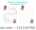 Christmas or New Year drawing, writing, tracing, space orientation activity for kids with gingerbread man, house. Draw lines in box according example. Winter holiday printable game, puzzle 132144766