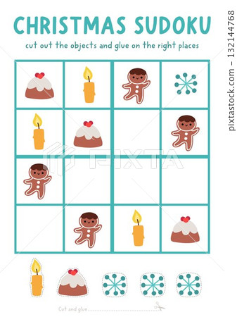 Vector Christmas sudoku puzzle for kids with pictures. New Year quiz. Winter holiday activity with gingerbread man, candle, snowflake, cake. Draw missing object Vector Christmas sudoku puzzle for kids with pictures. New Year quiz. Winter holiday activity with gingerbread man, candle, snowflake, cake. Draw missing object 132144768