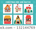Vector Christmas mix and match puzzle. Matching New Year activity for preschool kids. Winter holiday printable game with Santa Claus home, fair or market stall, toy factory, gingerbread house 132144769