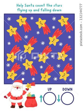 Christmas logic game with up and down concept for kids. I spy searching, counting activity with falling stars. New Year or winter holiday printable space orientation worksheet for children Christmas logic game with up and down concept for kids. I spy searching, counting activity with falling stars. New Year or winter holiday printable space orientation worksheet for children 132144777
