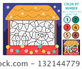 Vector Christmas color by number activity with elf selling cakes in market stall with colored background. Winter holiday black and white counting or colouring game. New Year coloring page for kids 132144779
