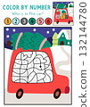 Vector Christmas color by number activity with bird driving car with tree with colored background. Winter holiday black and white counting, colouring game. New Year coloring page for kids 132144780