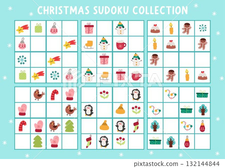 Vector Christmas sudoku puzzle for kids with pictures. New Year quiz collection with snowman, mitten, bird, gift, penguin, stocking. Winter holiday activity with traditional symbol. Draw missing 132144844