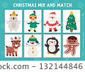 Vector Christmas mix and match puzzle. Matching New Year activity for preschool kids. Winter holiday printable game with Santa Claus, elf, snowman, deer, penguin, tree, gingerbread man 132144846