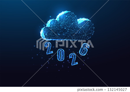 2026 New Year cloud technology and digital data concept in glowing low poly blue vector illustration 132145027