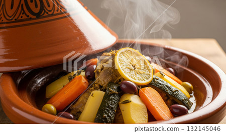 Steaming authentic Moroccan chicken or lamb tagine being prepared and served Steaming authentic Moroccan chicken or lamb tagine being prepared and served 132145046