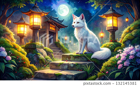 Moonlit Shrine and White Fox 132145381