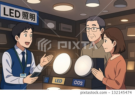 A store clerk explaining LED lighting and a couple comparing brightness A store clerk explaining LED lighting and a couple comparing brightness 132145474