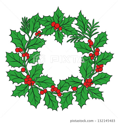 Christmas holly floral wreath frame. Winter holiday decoration for greeting cards, poster and templates. Hand drawn vector icon. Christmas holly floral wreath frame. Winter holiday decoration for greeting cards, poster and templates. Hand drawn vector icon. 132145483