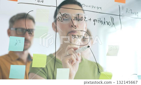 Professional team brainstorming, sharing strategy on glass whiteboard with colorful sticky notes, working collaboratively in bright office space 132145667