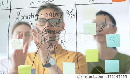 Marketing team collaborating, strategizing business growth with colorful sticky notes on transparent board, targeting revenue and profitability goals Marketing team collaborating, strategizing business growth with colorful sticky notes on transparent board, targeting revenue and profitability goals 132145925