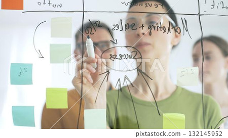 Professional team brainstorming, sharing strategy on glass whiteboard with colorful sticky notes, working collaboratively in bright office space 132145952