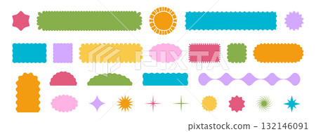 Set of colorful geometric forms with wavy edges. Cute basic shapes with undulated borders. Empty scalloped box, sticker, tag or label templates isolated on white background. Vector flat illustration 132146091