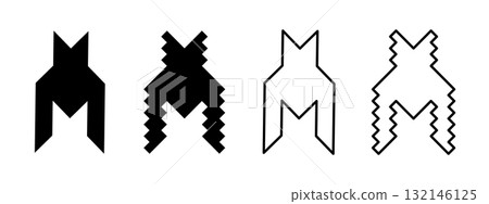 Classic and pixelated houndstooth icons. Dog tooth symbols isolated on white background. Elements of pied de poule ornament, plaid or scarf print, retro textile design. Vector graphic illustration 132146125