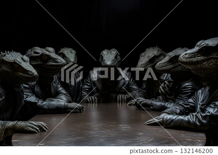 reptile men in business suits sitting at the table in dark room, secret world government concept 132146200