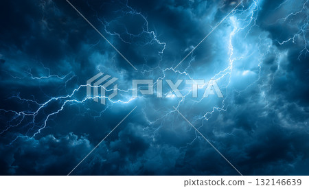 Lightning cutting through the night sky: the moment of storm and thunder 132146639