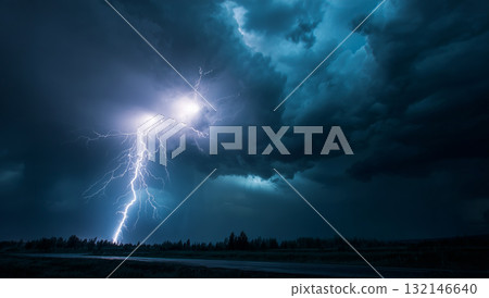 Lightning cutting through the night sky: the moment of storm and thunder 132146640