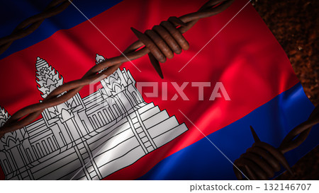 The Cambodia flag and barbed wire for Background 3d Rendering. The Cambodia flag and barbed wire for Background 3d Rendering. 132146707