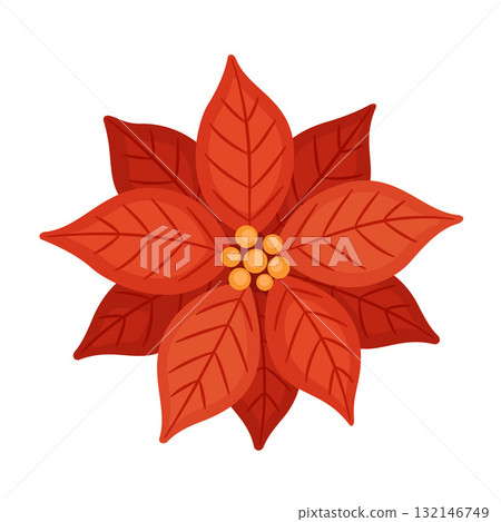 Bright red poinsettia flower with green leaves. Hand drawn trendy flat style isolated. 132146749