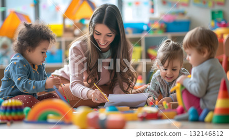 Beautiful teacher and group of toddlers sitting on the floor drawing using paper and pencil around lots of toys at kindergarten Beautiful teacher and group of toddlers sitting on the floor drawing using paper and pencil around lots of toys at kindergarten 132146812