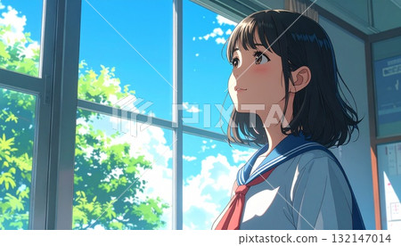 人工智慧生成的插圖,一位身穿制服的年輕女子正望著教室窗外 人工智慧生成的插圖,一位身穿制服的年輕女子正望著教室窗外 132147014