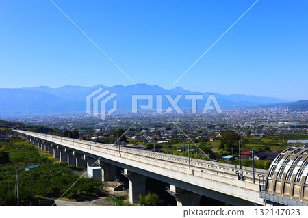 Straight rails of the linear experimental line and the scenery of the Kofu Basin (Kacho Park) 132147023
