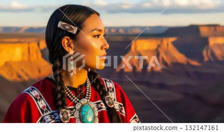Woman in Traditional Native Attire at Sunset in Canyon Ai Generated 132147161