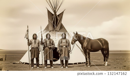 Indigenous Individuals by a Teepee With a Horse Ai Generated 132147162