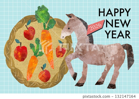 2026 New Year's card template with a Nordic-style design featuring a horse and colorful vegetables and fruits 132147164