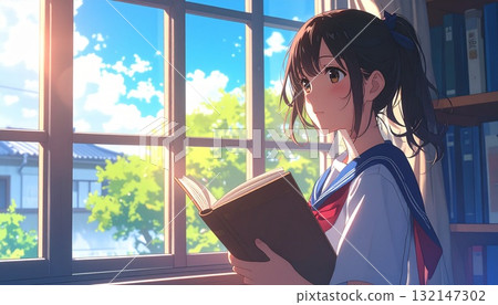 人工智慧生成的插圖：一位身穿制服的年輕女子在教室裡手持一本書，望著窗外 132147302