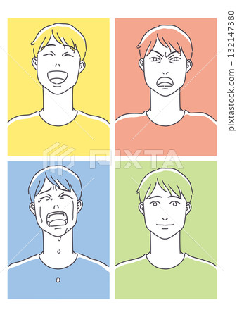 男性的喜悅、憤怒、悲傷和快樂的面部表情 132147380
