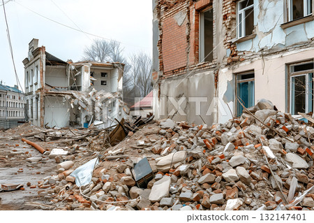 ruined houses street after war 132147401