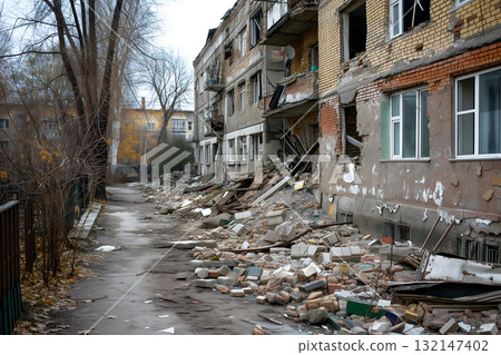 ruined houses street after war 132147402