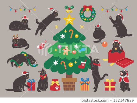 Illustration of a cute black cat enjoying Christmas 132147659