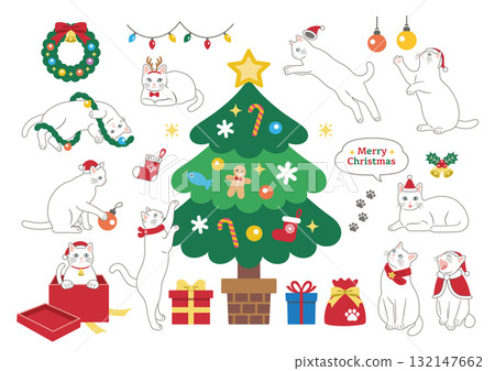 Cute white cat playing at Christmas (with outline) 132147662