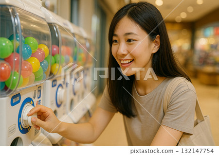 Capsule toys and smiling woman Capsule toys and smiling woman 132147754