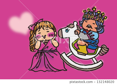 A lovely king riding a white wooden horse, popular with ladies. New Year's card 2026, Year of the Horse. 132148020